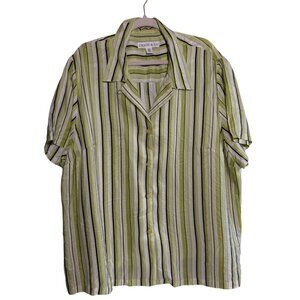 Chaus & Co. 100% Silk Striped Button Front Shirt Top Womens 22W Green White